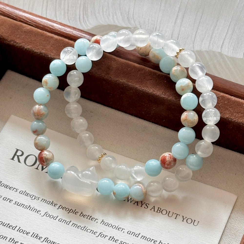 Agate and Jade Blue Cat Natral Stone Bracelet