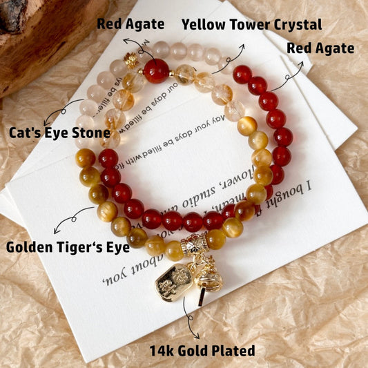 Citrine,Red Agate,Cat's Eye Stone,Tiger's Eye Stone,14k Gold Plated,Natural Energy Stone Wealth Attraction Bracelet