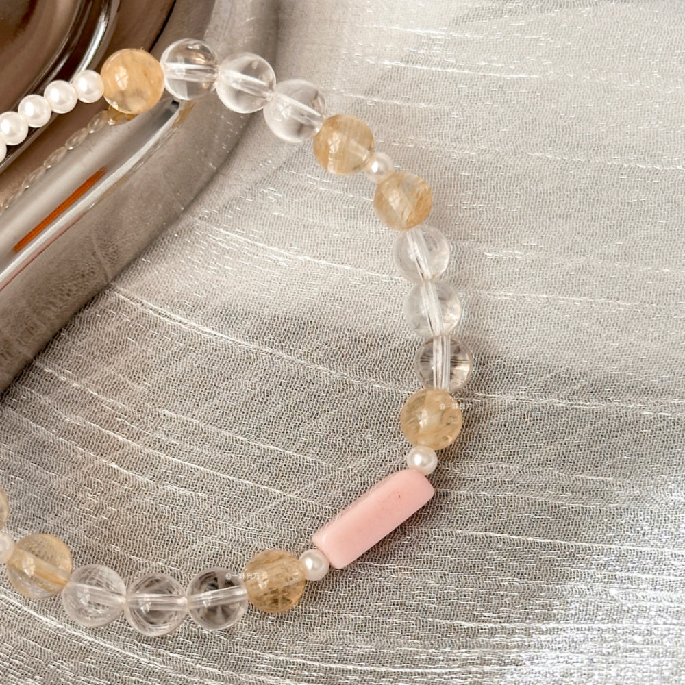 Pink Opal,Clear Quartz,Pearl Bracelet