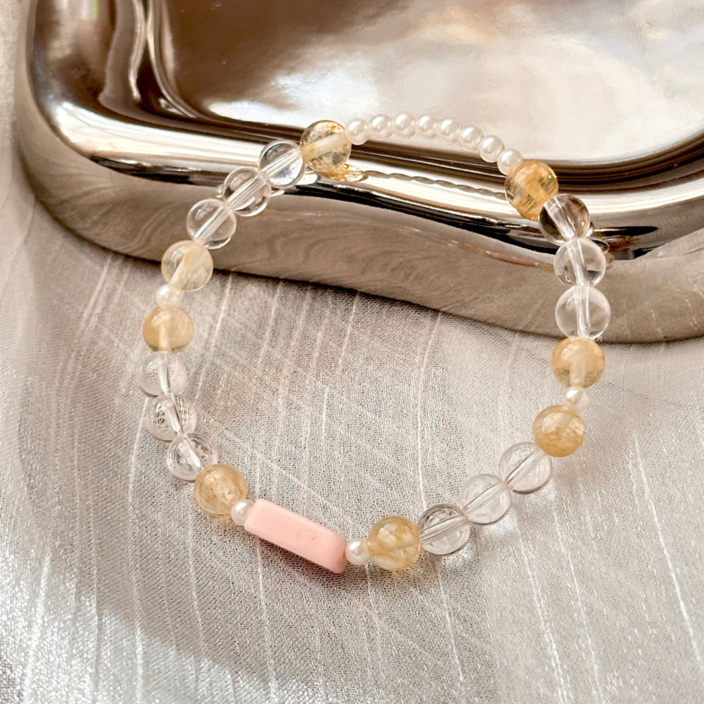 Pink Opal,Clear Quartz,Pearl Bracelet