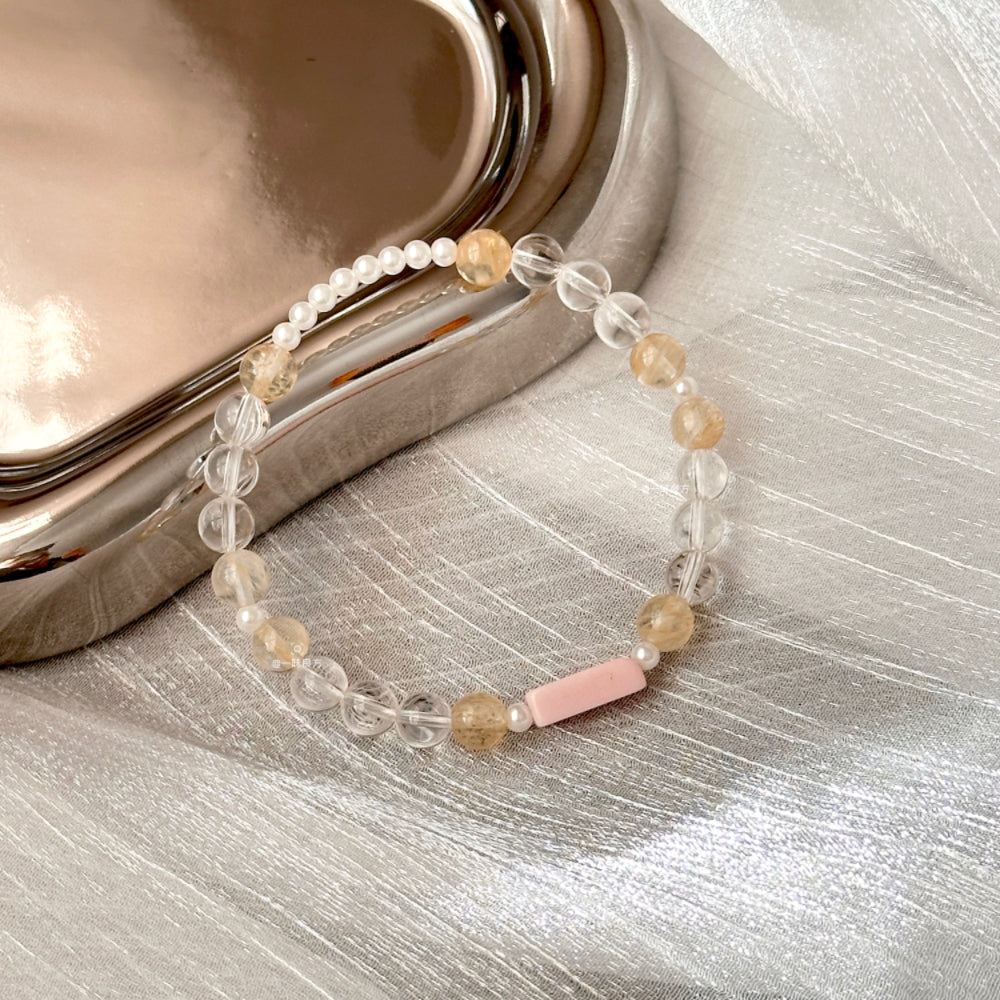 Pink Opal,Clear Quartz,Pearl Bracelet
